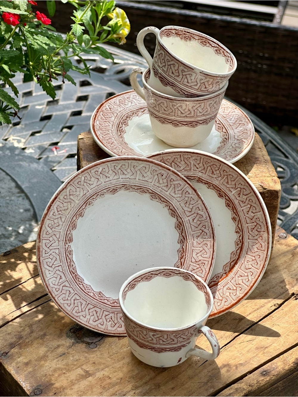 Antique B.A.P. Co. Grecian Brown Transferware 6 Pc Demitasse Snack Set